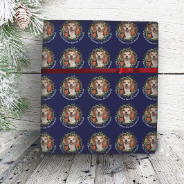Pet Photo Jouw naam Kerstmis Wreaty Navy Cadeaupapier