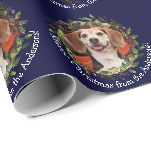 Pet Photo Jouw naam Kerstmis Wreaty Navy Cadeaupapier (Rol Hoek)