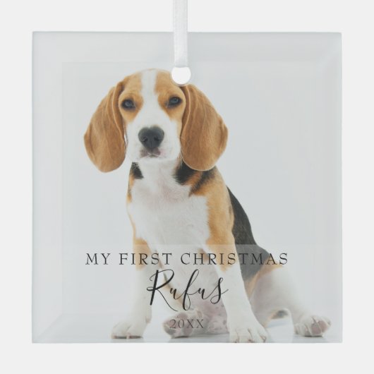 Pet Photo Modern Script - Eerste Kerstmis Glas Ornament (Voorkant)