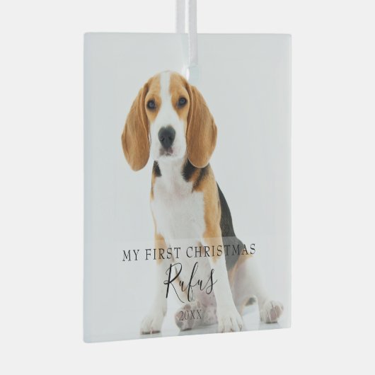 Pet Photo Modern Script - Eerste Kerstmis Glas Ornament (Voorkant Rechts)