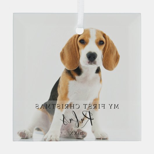Pet Photo Modern Script - Eerste Kerstmis Glas Ornament (Achterkant)