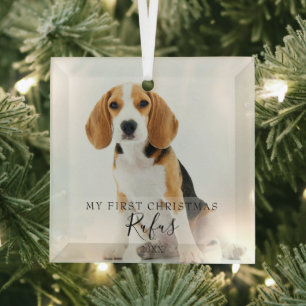Pet Photo Modern Script - Eerste Kerstmis Glas Ornament