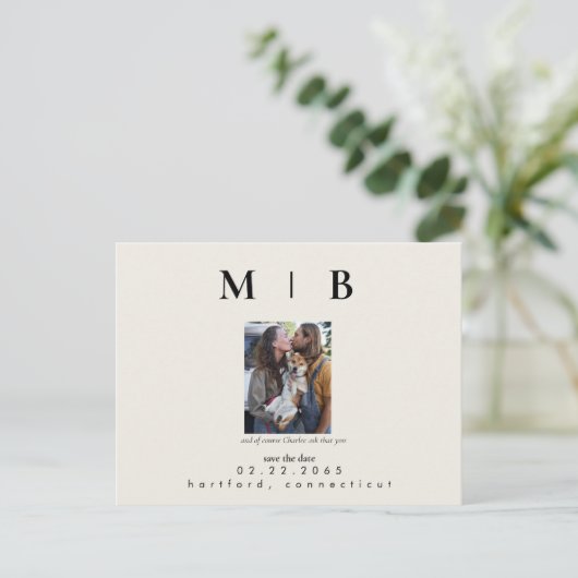 Pet Photo Monogram Cream Sla de datum van de bruil Aankondigingskaart (Staand voorkant)