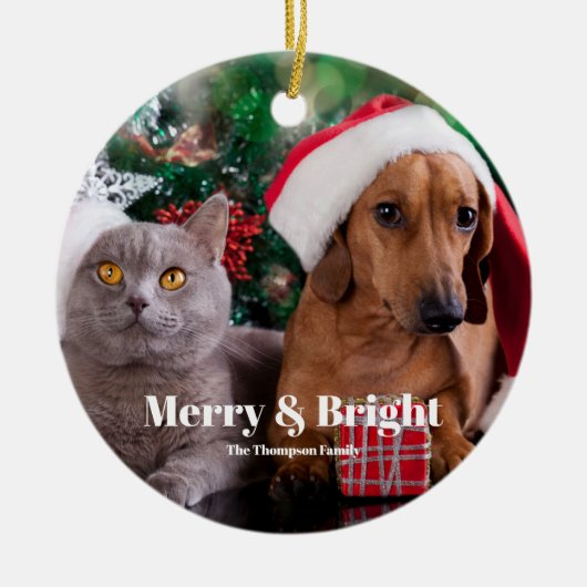 Pet Photo Name Merry en Bright Keramisch Ornament (Voorkant)