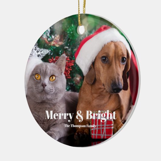 Pet Photo Name Merry en Bright Keramisch Ornament (Links)