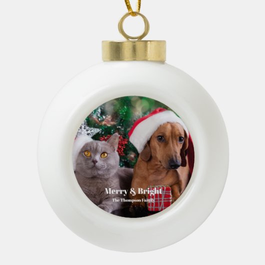 Pet Photo Name Merry en Bright Keramische Bal Ornament (Voorkant)
