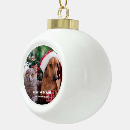Pet Photo Name Merry en Bright Keramische Bal Ornament (Rechts)