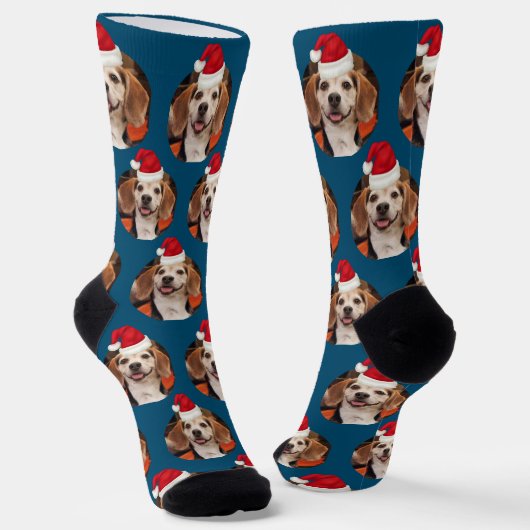 Pet Photo Patroon Blauw Rood Santa hoeden Kerstmis Sokken (Gebogen)