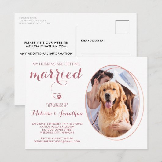 Pet Photo Personalized Dog Wedding Roos Gold Uitnodiging Briefkaart (Voorkant / Achterkant)