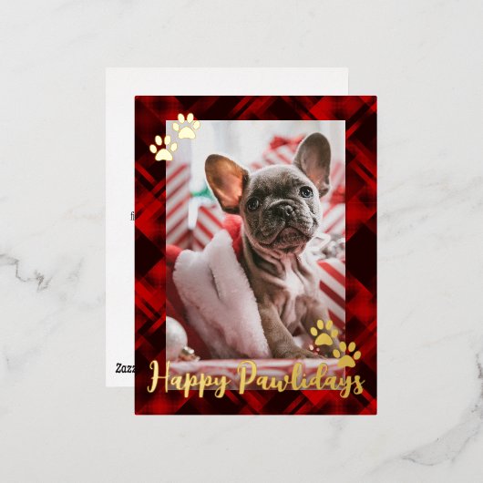 Pet Photo Rustic Red Pset Happy Pawlidays Gold Folie Feestdagen Briefkaart (Voorkant / Achterkant)