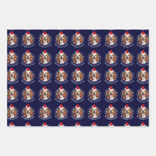 Pet Photo Santa Hat & Snowflakes Red Green Navy Inpakpapier Vel (Voorkant)