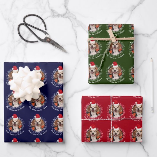 Pet Photo Santa Hat & Snowflakes Red Green Navy Inpakpapier Vel (Voorkant)