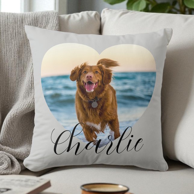 Pet Photo Script Modern Heart Personalized Dog Kussen (Pet Photo Script Modern Heart Personalized Dog Throw Pillow)