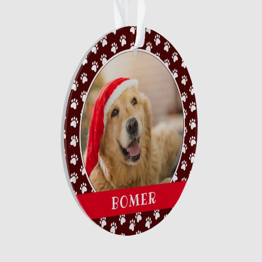 Pet Photo with Paw Print Pattern with Name Ornament (voorkant)
