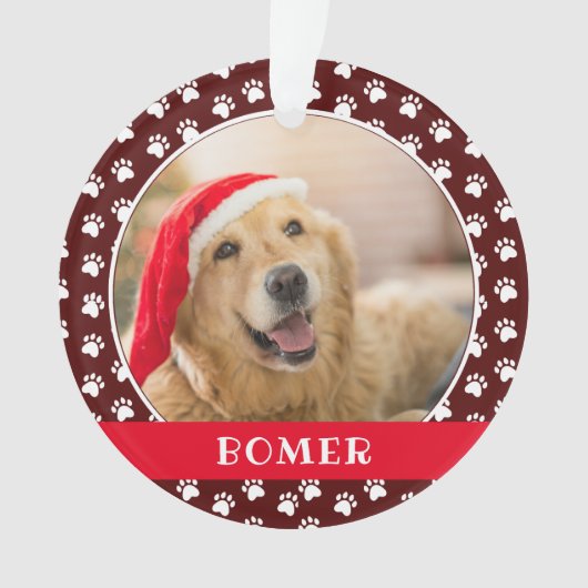 Pet Photo with Paw Print Pattern with Name Ornament (voorkant)