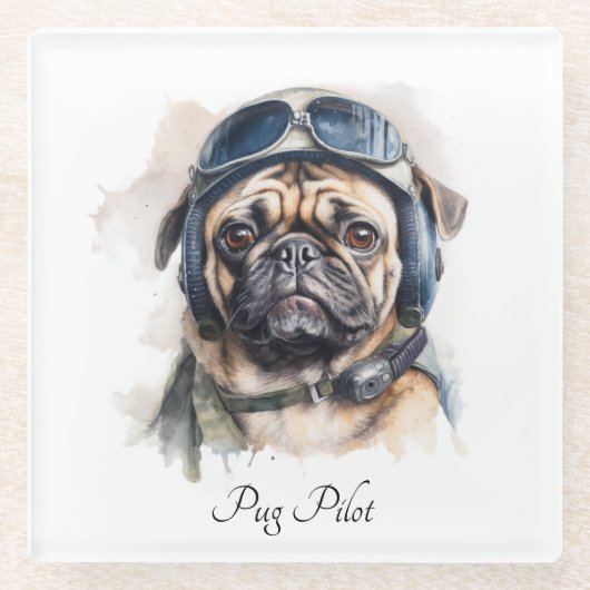 Pet Pilot Pug aanpasbaar Glazen Onderzetter (Voorkant)