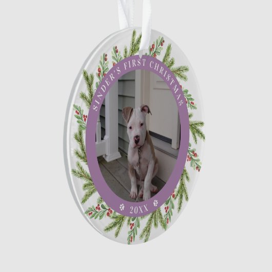 Pet Puppy Dog Eerste Kerstmis 2 Foto's Greenery Ornament (voorkant)