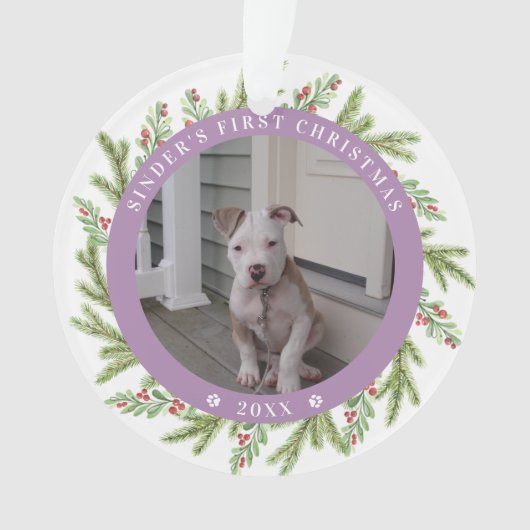 Pet Puppy Dog Eerste Kerstmis 2 Foto's Greenery Ornament (voorkant)
