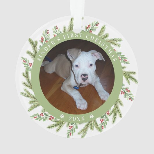 Pet Puppy Dog Eerste Kerstmis 2 Foto's Greenery Ornament (achterkant)