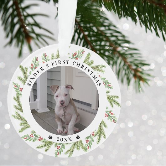 Pet Puppy Dog Eerste Kerstmis 2 Foto's Greenery Ornament