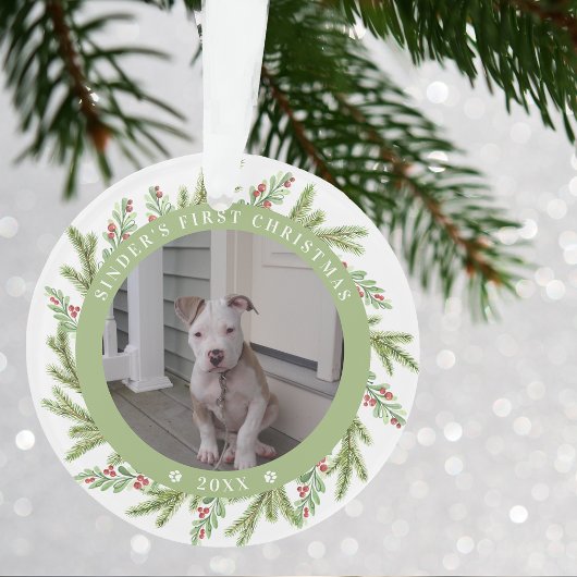 Pet Puppy Dog Eerste Kerstmis 2 Foto's Greenery Ornament