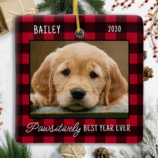Pet Puppy Hond Foto Rode Buffel Plaid Kerstmis Keramisch Ornament