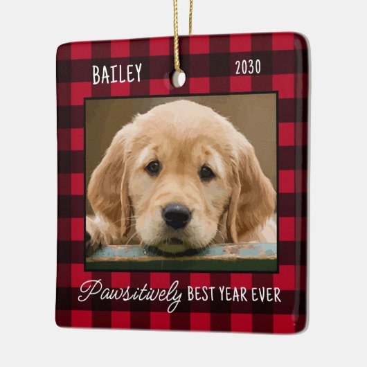 Pet Puppy Hond Foto Rode Buffel Plaid Kerstmis Keramisch Ornament (Links)