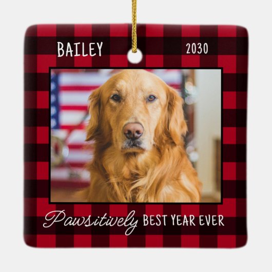 Pet Puppy Hond Foto Rode Buffel Plaid Kerstmis Keramisch Ornament (Achterkant)