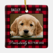 Pet Puppy Hond Foto Rode Buffel Plaid Kerstmis Keramisch Ornament (Voorkant)