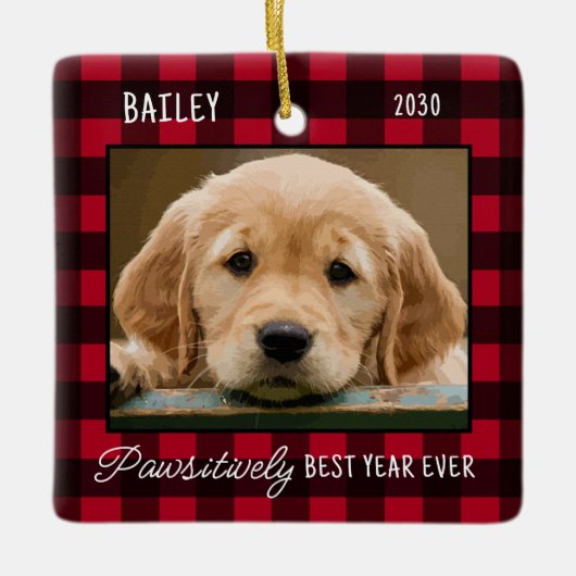 Pet Puppy Hond Foto Rode Buffel Plaid Kerstmis Keramisch Ornament (Voorkant)