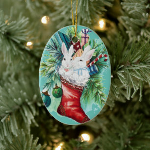 Pet Rabbit Fotonaam Bunny Stocking Xmas Keramisch Ornament