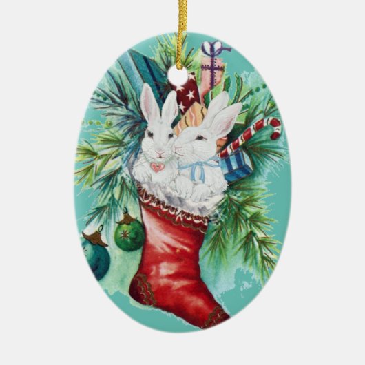 Pet Rabbit Fotonaam Bunny Stocking  Xmas Keramisch Ornament (Voorkant)