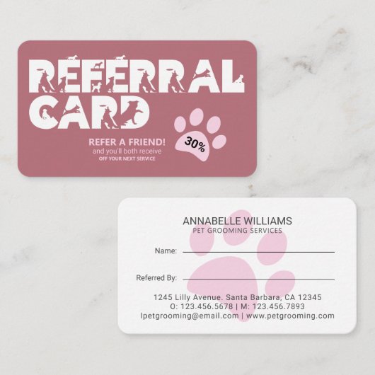 Pet Services Paw Print Reference Card Aanbevelingskaartje (Voorkant / Achterkant)