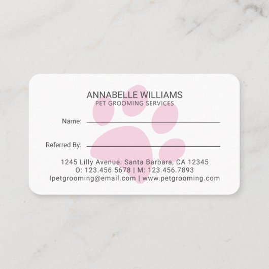 Pet Services Paw Print Reference Card Aanbevelingskaartje (Achterkant)