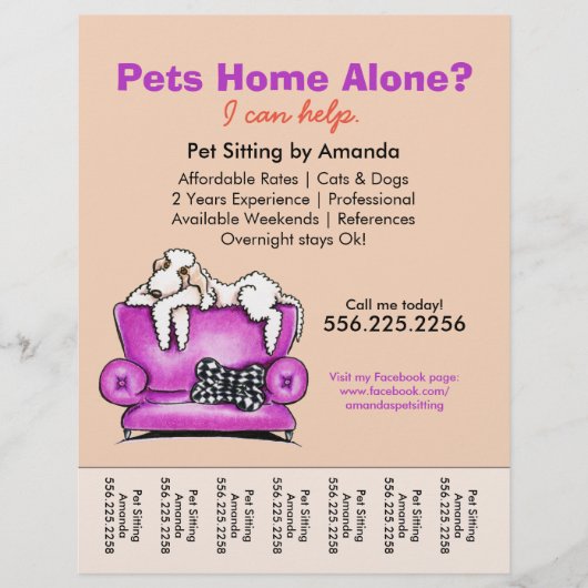 Pet Sitter Ad White Dog Mod Couch Scheurblad Flyer (Voorkant)