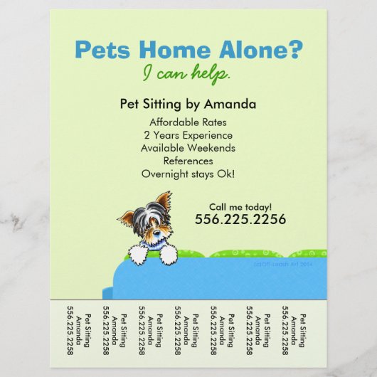 Pet Sitter Ad Yorkie Couch Green Tear Sheet Flyer (Voorkant)