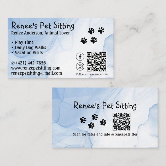 Pet Sitter Blauwe Waterverf QR Code Visitekaartje (Voorkant / Achterkant)