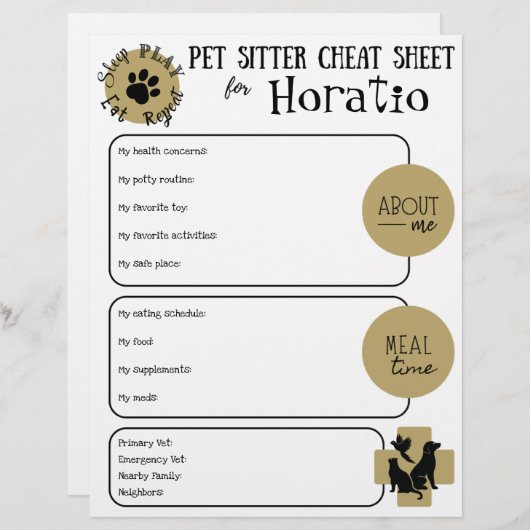 Pet Sitter Cheat Sheet Paper Sheet (Voorkant / Achterkant)