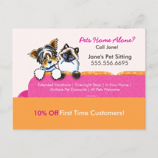 Pet Sitter Coupon Mailer ad Yorkie Cat Couch Pink Briefkaart (Voorkant)
