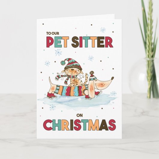 Pet Sitter op Kerstmis Wiener Dog en Cat Feestdagen Kaart (Voorkant)