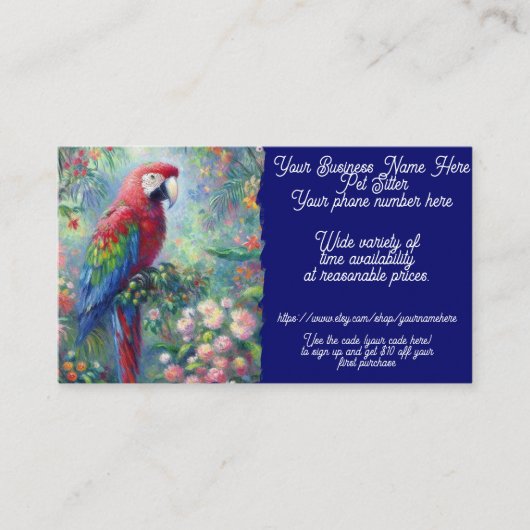 Pet Sitter Parrot Bird Oerwoud Flowers Floral Blue Visitekaartje (Voorkant)