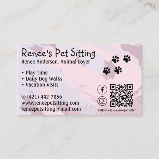Pet Sitter Roze Paint QR Code Visitekaartje (Voorkant)