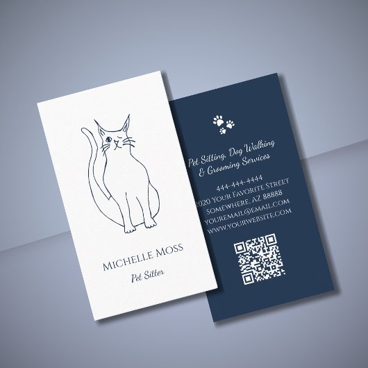 Pet Sitter Winking Kat Navy Blue QR-code Visitekaartje