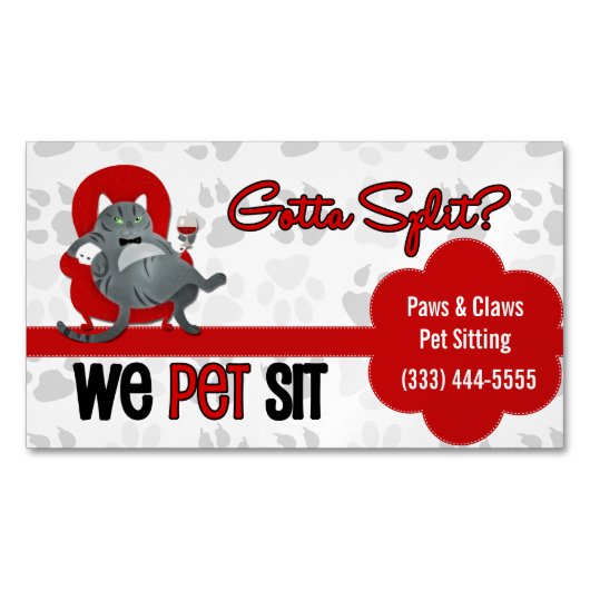 Pet Sitter's Custom Name Funny Grey Cat Magnetisch Visitekaartje (Voorkant)