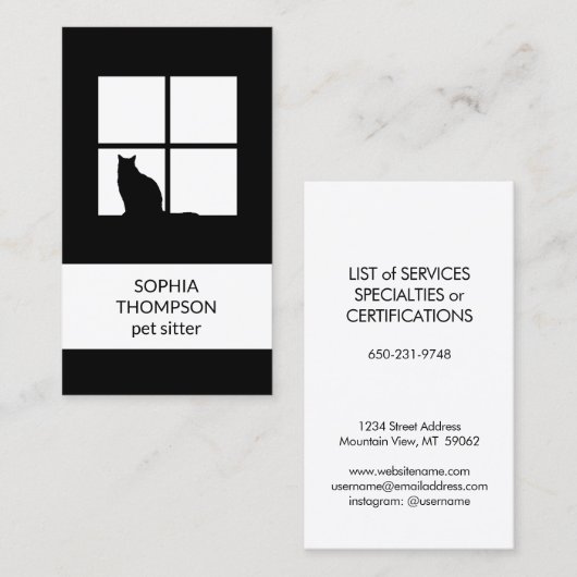 Pet Sitting Black White Cat Modern Plain Verticaal Visitekaartje (Voorkant / Achterkant)