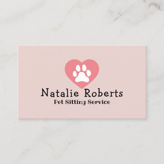 Pet Sitting Cute Paw Heart Logo Blush Pink Visitekaartje (Voorkant)