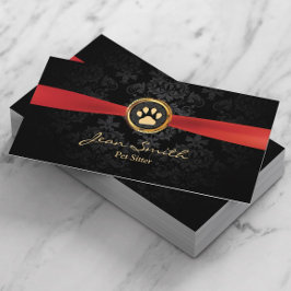 Pet Sitting Elegant Red Ribbon Gold Paw Damask Visitekaartje