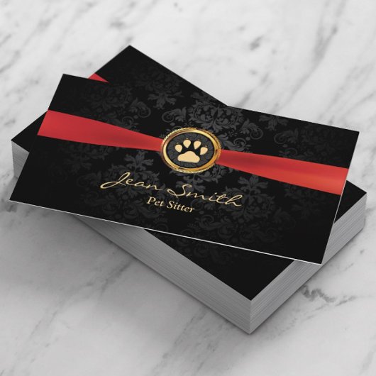 Pet Sitting Elegant Red Ribbon Gold Paw Damask Visitekaartje