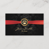 Pet Sitting Elegant Red Ribbon Gold Paw Damask Visitekaartje (Voorkant)