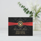 Pet Sitting Gold Paw & Red Ribbon Elegant Damask Briefkaart (Staand voorkant)